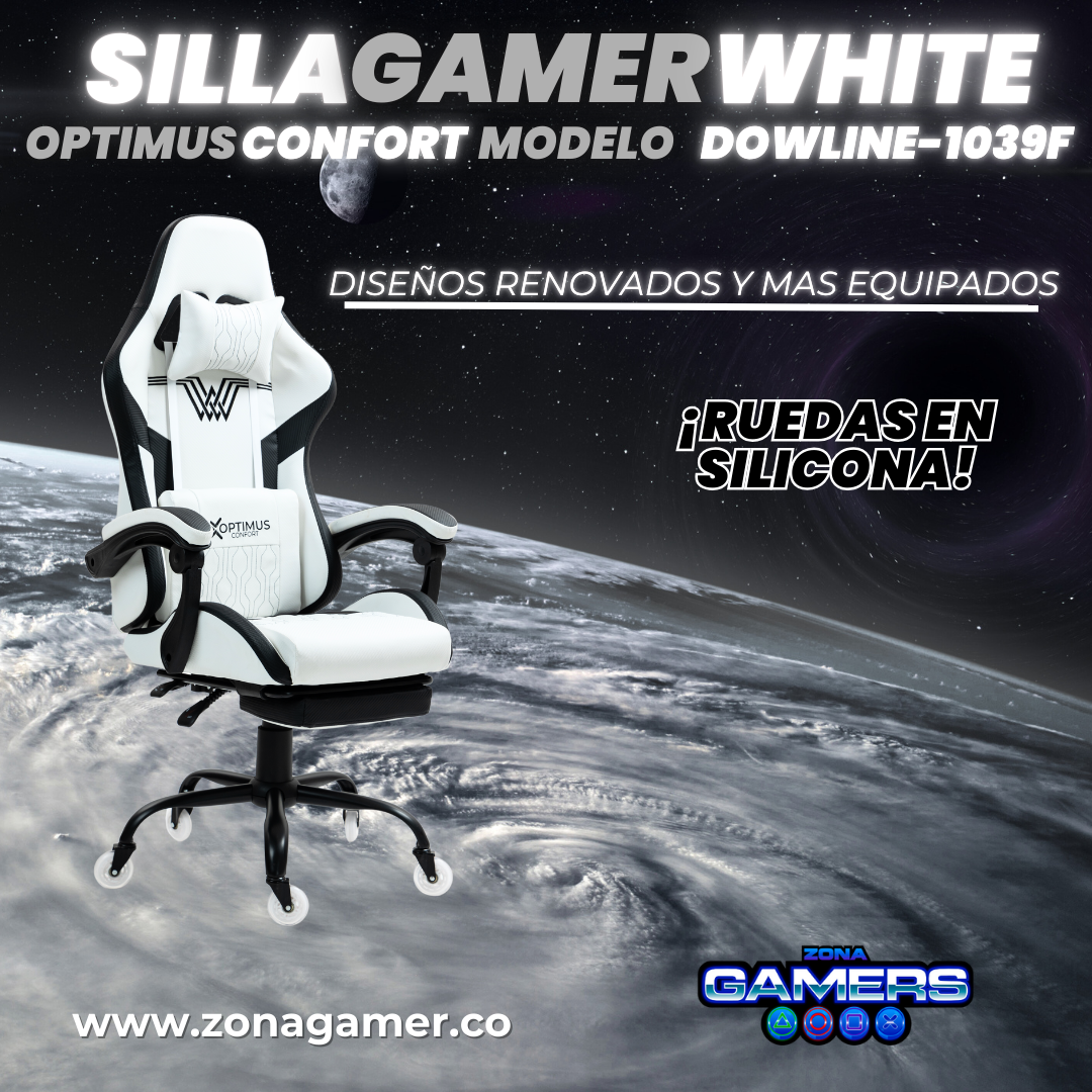 Silla Gamer DOWLINE-1039F White con reposapiés y ruedas en silicona