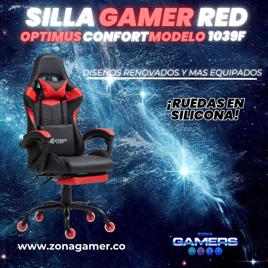 Silla Gamer 1039F Red con reposapiés y ruedas en silicona