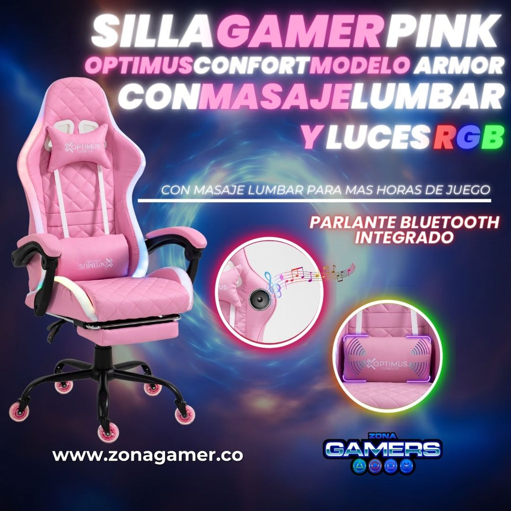Silla Gamer Optimus Confort Armor RGB Pink con masajeador lumbar y parlante bluetooth
