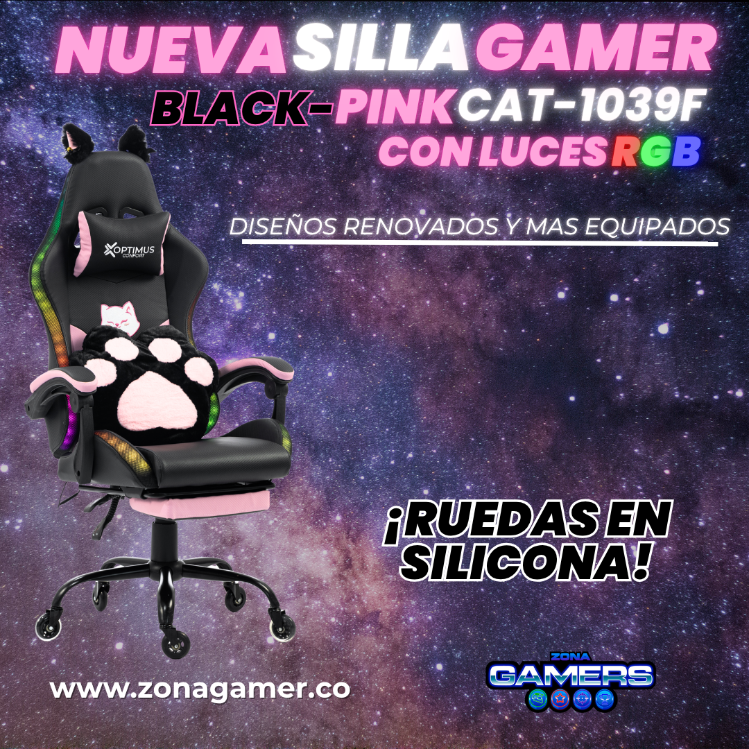 Silla Gamer Cat-1039F + RGB Black-Pink con reposapiés y ruedas en silicona.