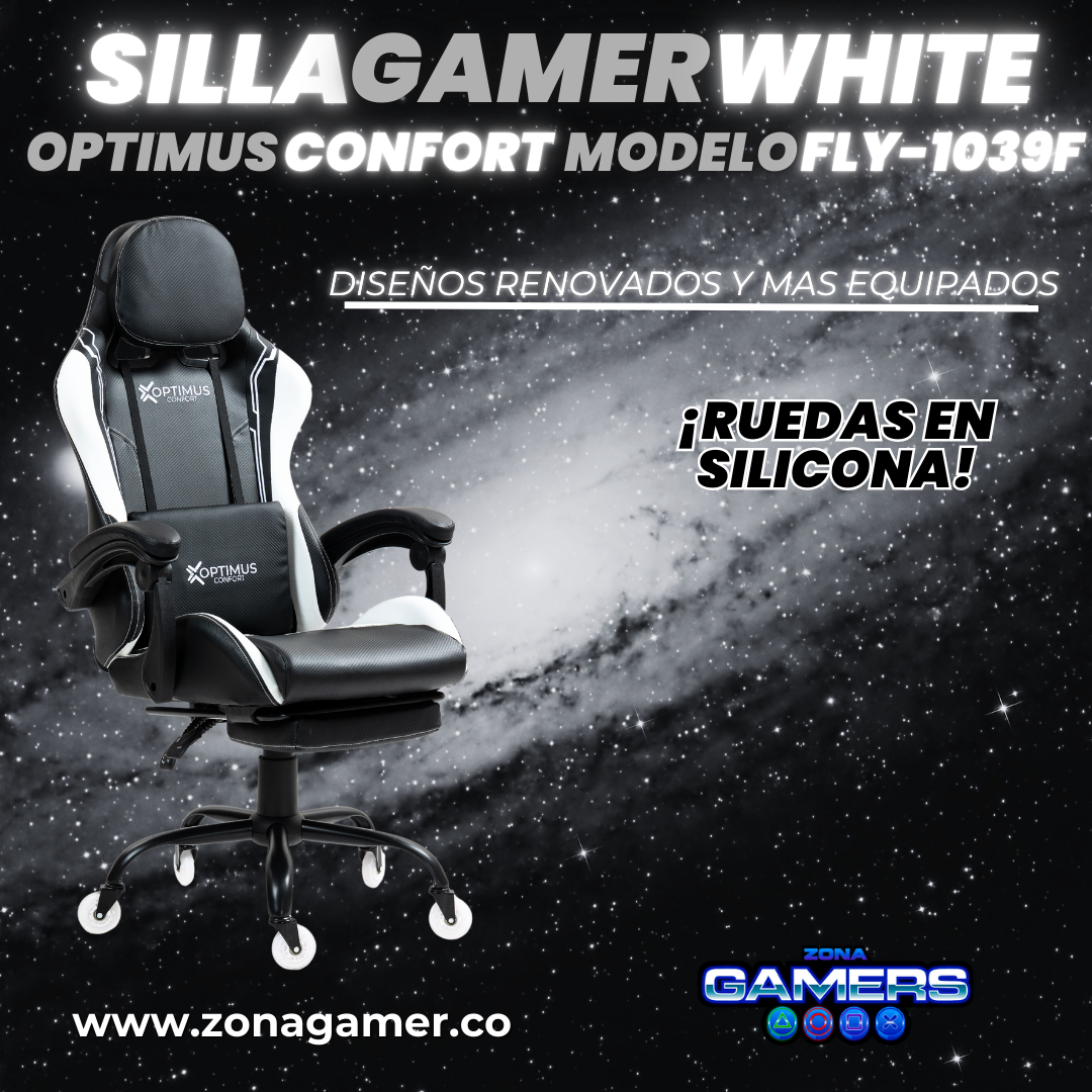 Silla Gamer Fly-1039F White con reposapiés y ruedas en silicona