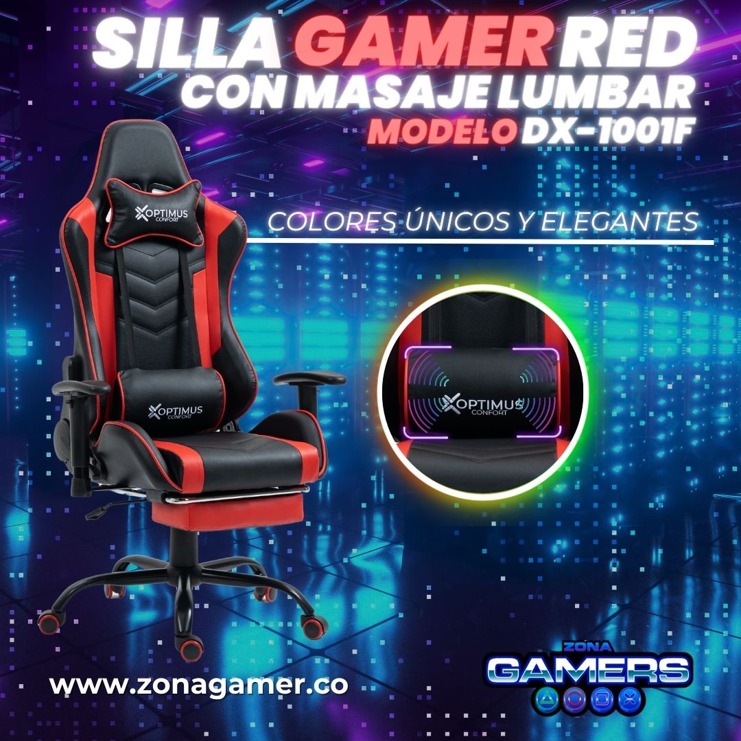 Silla Gamer DX-1001F Red con masajeador lumbar y reposapiés incluido