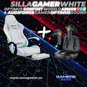 Combo Silla Gamer RGB White + Audífonos Gamer con reposapiés incluido y ruedas en silicona