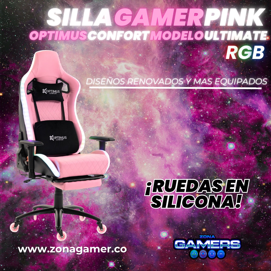 Silla gamer ULTIMATE Pink con luces RGB + reposapiés y ruedas en silicona
