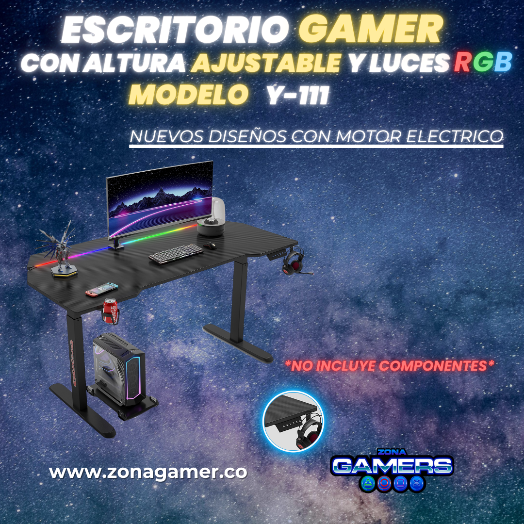 Escritorio Gamer Y-111, Con motor eléctrico y luces RGB