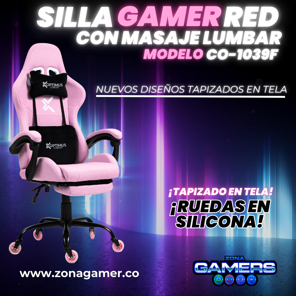 Silla Gamer CO-1039F Rosa, con tapizado en tela, reposapiés y ruedas en silicona
