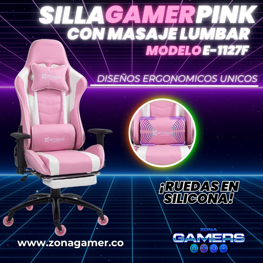 Silla Gamer E-1127F Pink + masajeador lumbar con reposapiés incluido y ruedas en silicona