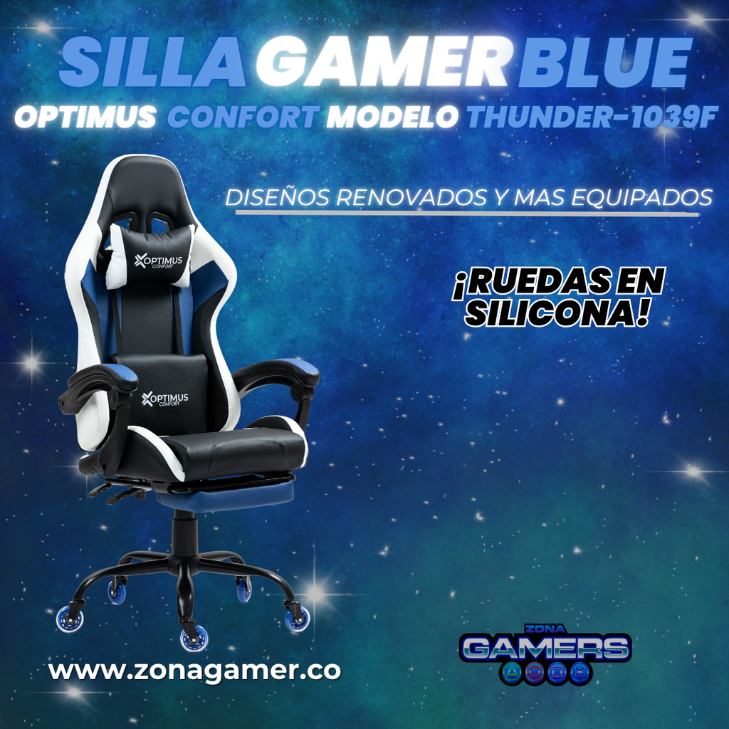 Silla Gamer Thunder-1039F Blue con reposapiés y ruedas en silicona