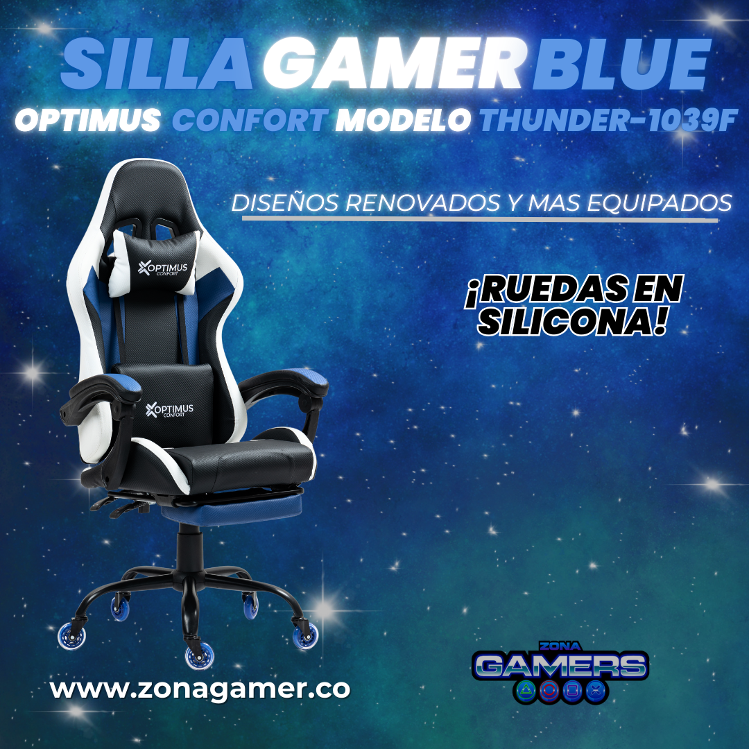 Silla Gamer Thunder-1039F Blue con reposapiés y ruedas en silicona