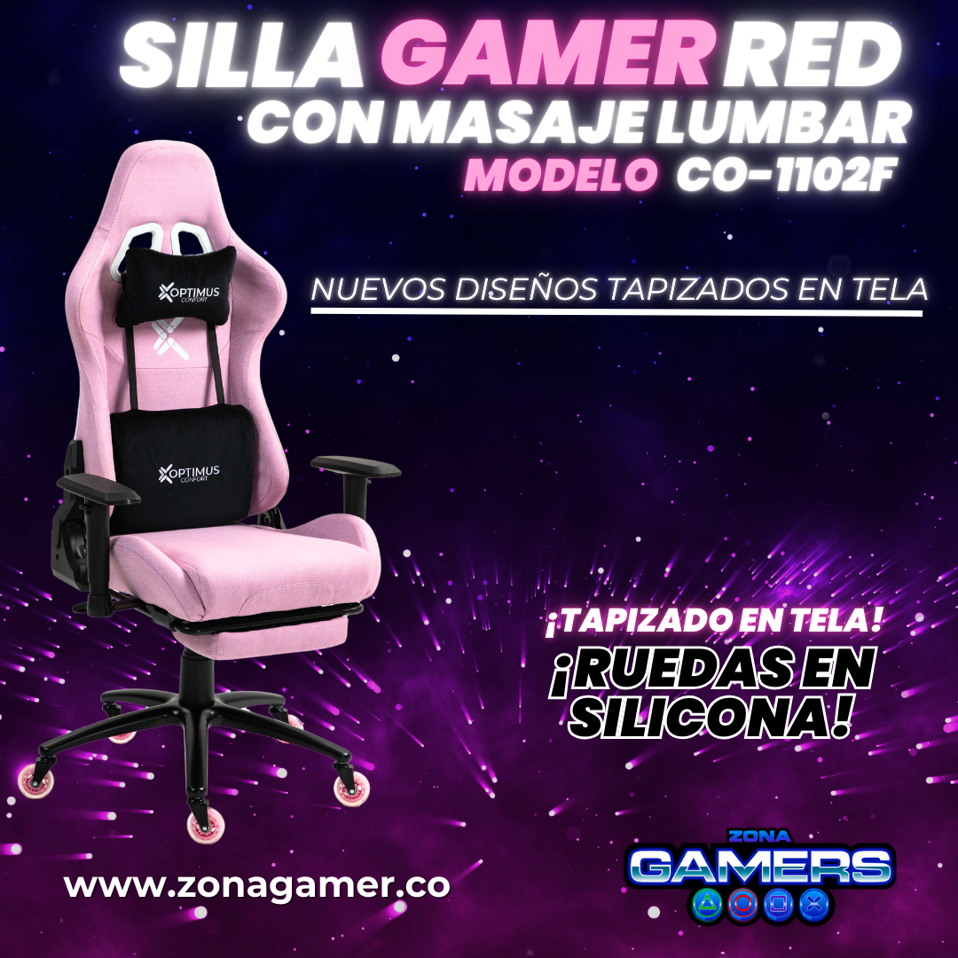 Silla Gamer CO-1102F Pink, tapizada en tela con reposapiés y ruedas en silicona