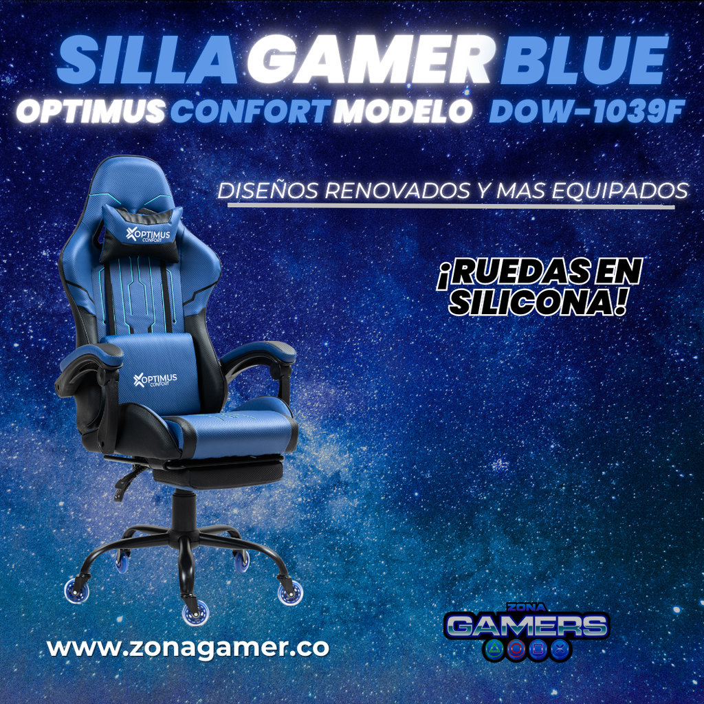 Silla Gamer DOW-1039F Blue con reposapiés y ruedas en silicona