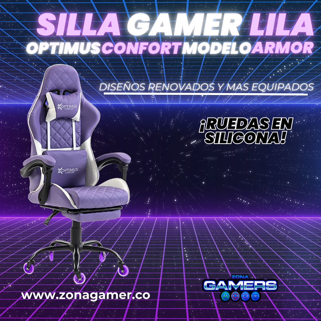 Silla Gamer ARMOR-1039F Lilac con reposapiés y ruedas en silicona