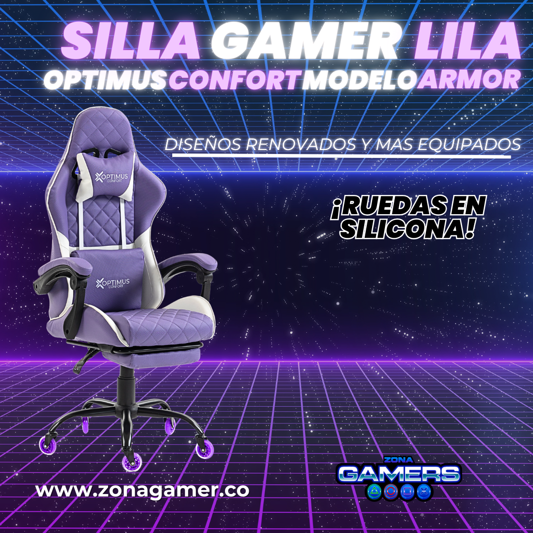 Silla Gamer ARMOR-1039F Lilac con reposapiés y ruedas en silicona