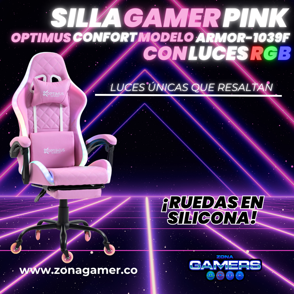 Silla gamer ARMOR-1039F Pink con luces RGB + reposapiés y ruedas en silicona
