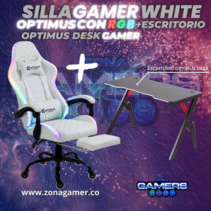 Combo Silla Gamer RGB White + Escritorio Gamer con reposapiés incluido y ruedas en silicona