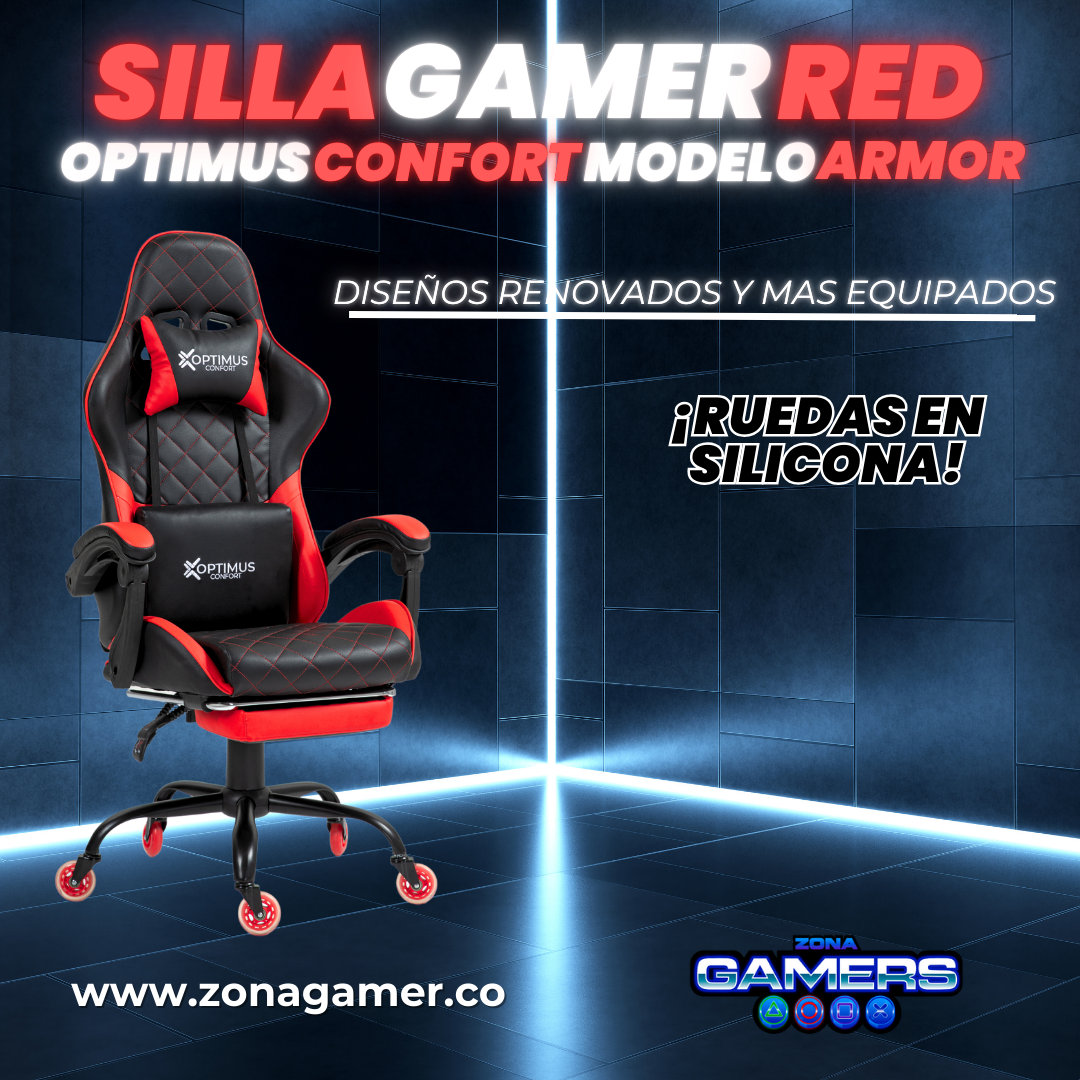 Silla Gamer ARMOR-1127F Red con reposapiés y ruedas en silicona