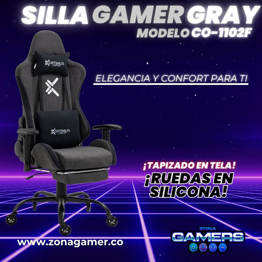 Silla Gamer CO-1102F Gray, tapizada en tela con reposapiés y ruedas en silicona