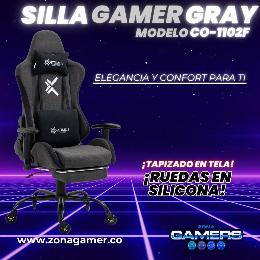 Silla Gamer CO-1102F Gray, tapizada en tela con reposapiés y ruedas en silicona