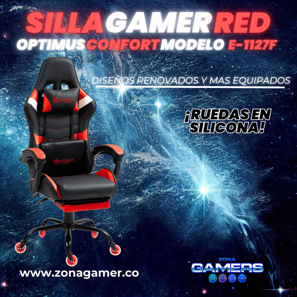 Silla Gamer E-1127F Red con reposapiés y ruedas en silicona