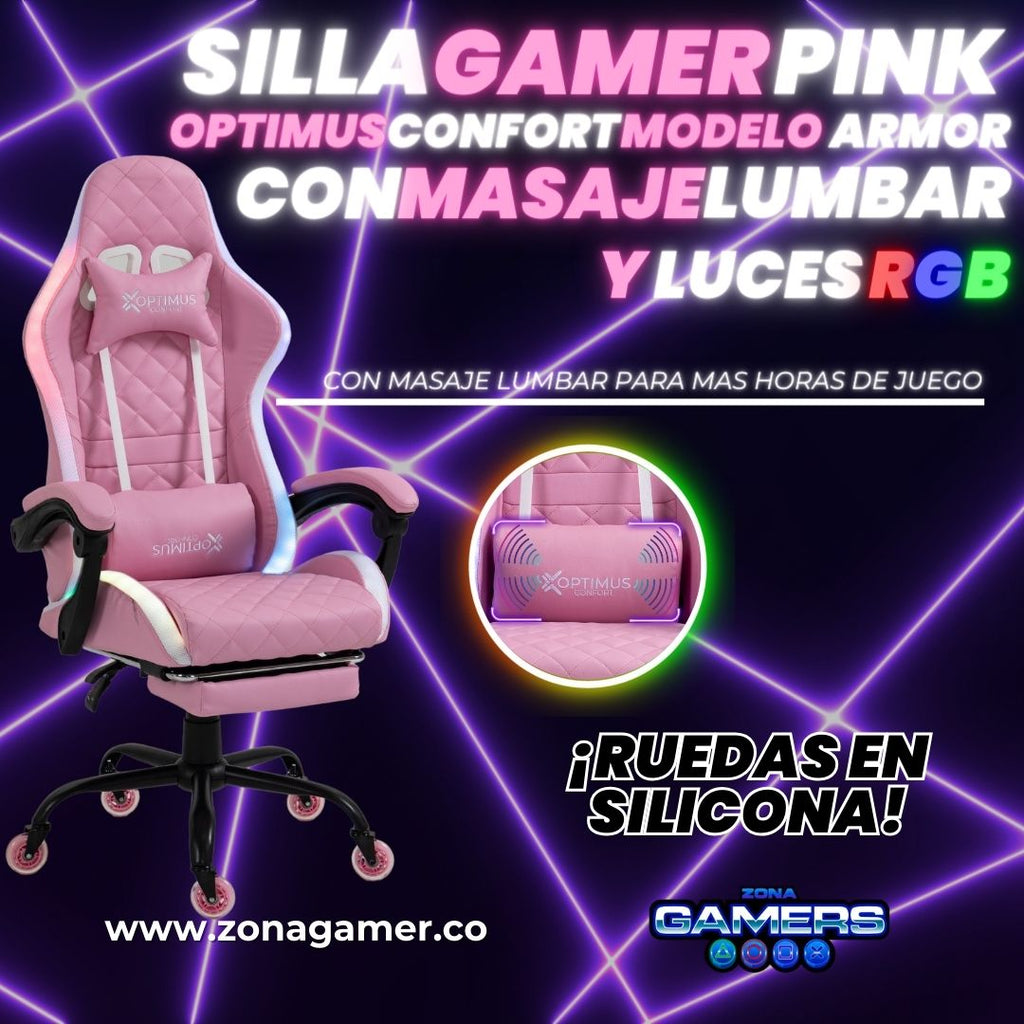 Silla Gamer Armor RGB Pink + masajeador lumbar con reposapiés incluido y ruedas en silicona