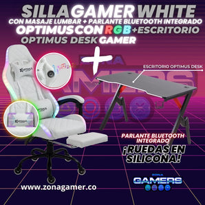 Silla Gamer RGB White + Escritorio Gamer Optimus con masajeador lumbar y parlante bluetooth