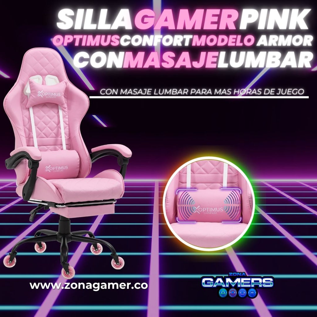 Silla Gamer ARMOR-1039F Pink + masajeador lumbar con reposapiés y ruedas en silicona