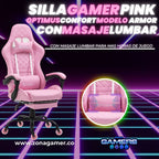 Silla Gamer ARMOR-1039F Pink + masajeador lumbar con reposapiés y ruedas en silicona
