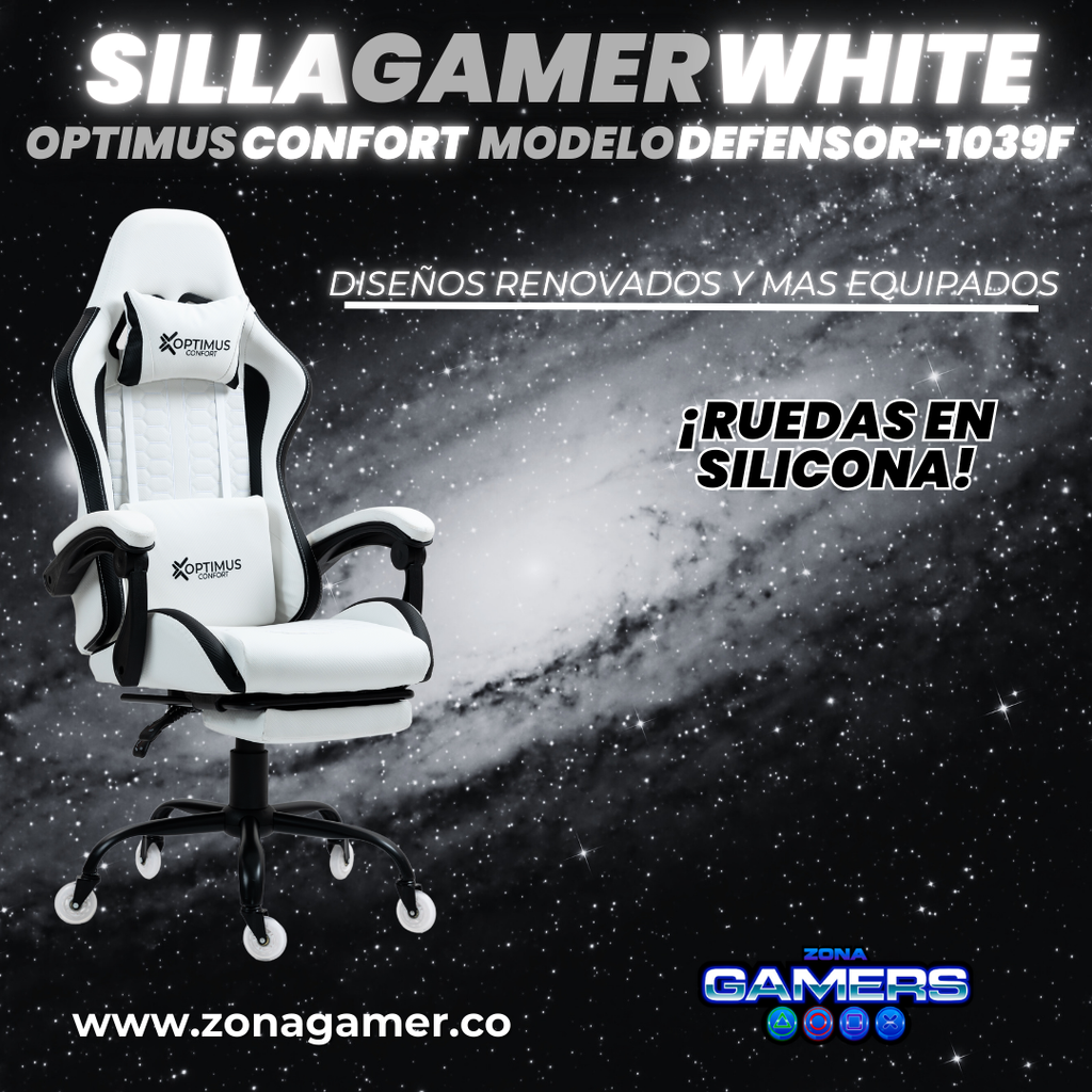Silla Gamer Defensor-1039F White con reposapiés y ruedas en silicona