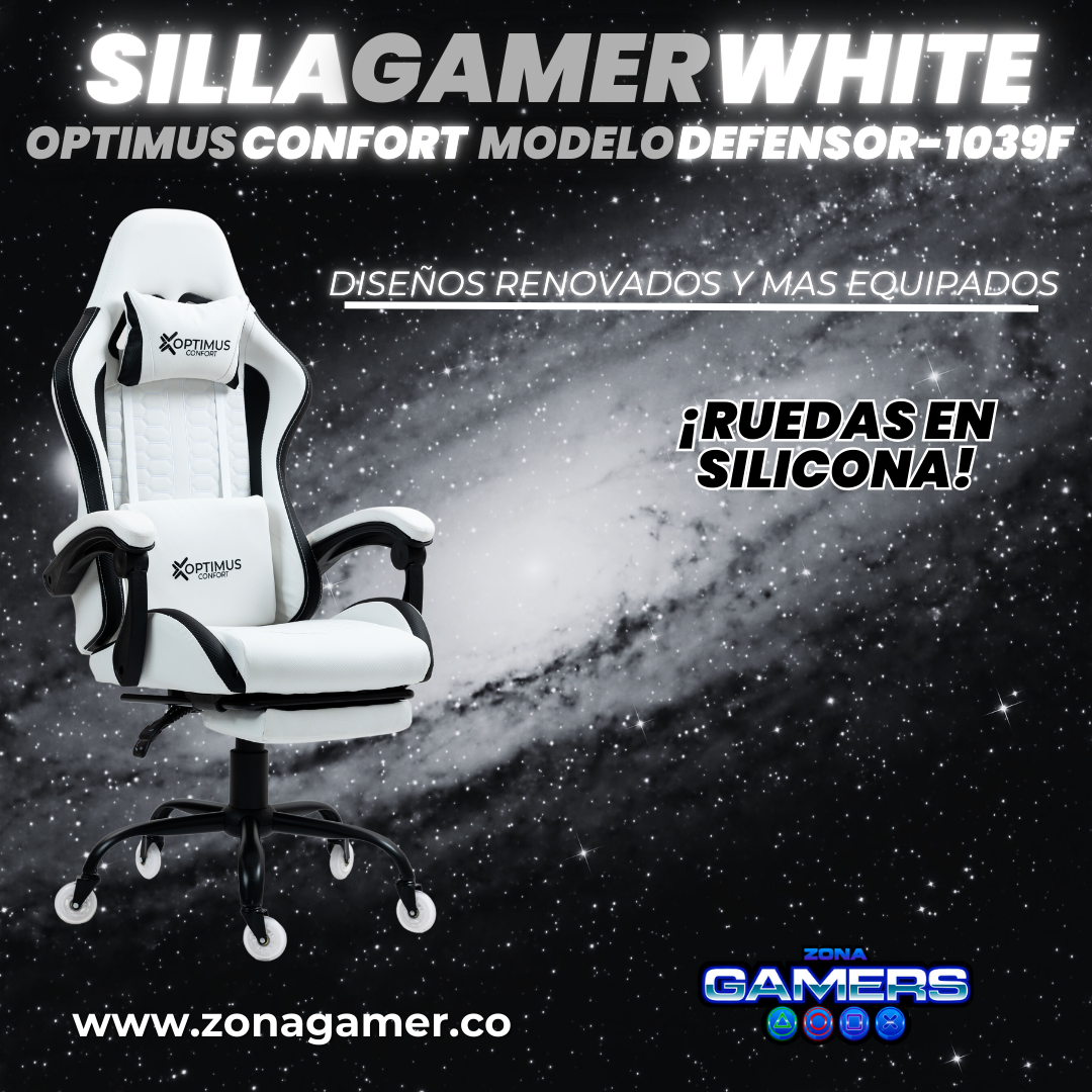 Silla Gamer Defensor-1039F White con reposapiés y ruedas en silicona