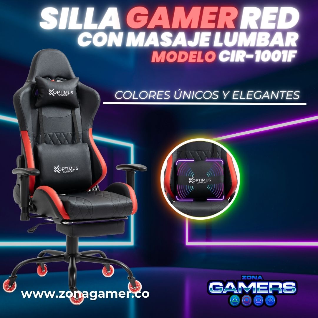 Silla Gamer CIR-1001F Red + masajeador lumbar con reposapiés y ruedas en silicona