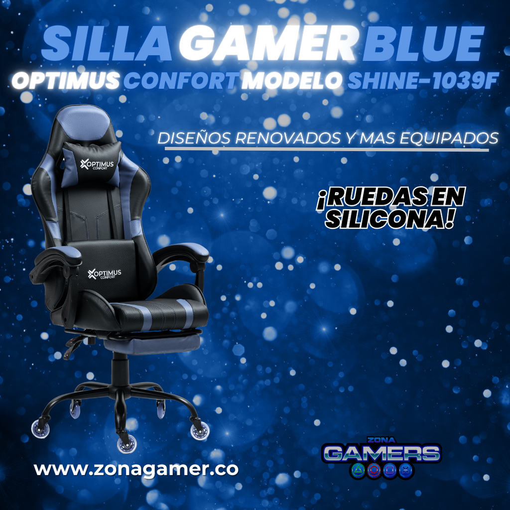 Silla Gamer Shine-1039F Blue con reposapiés y ruedas en silicona