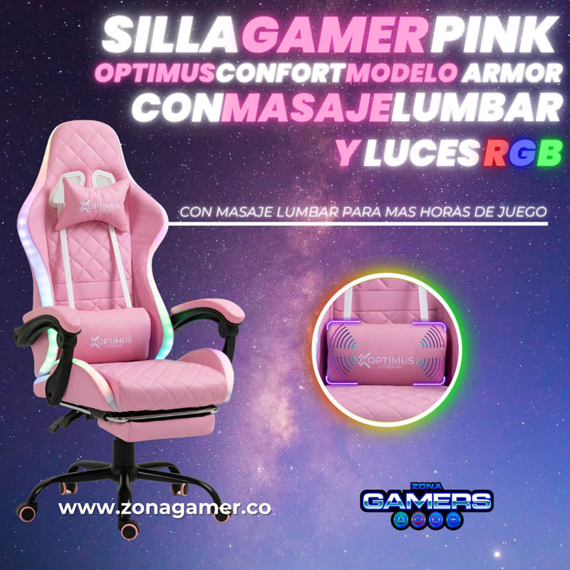Silla Gamer Optimus Confort Armor RGB Pink con masajeador lumbar y reposapiés incluido