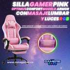 Silla Gamer Optimus Confort Armor RGB Pink con masajeador lumbar y reposapiés incluido
