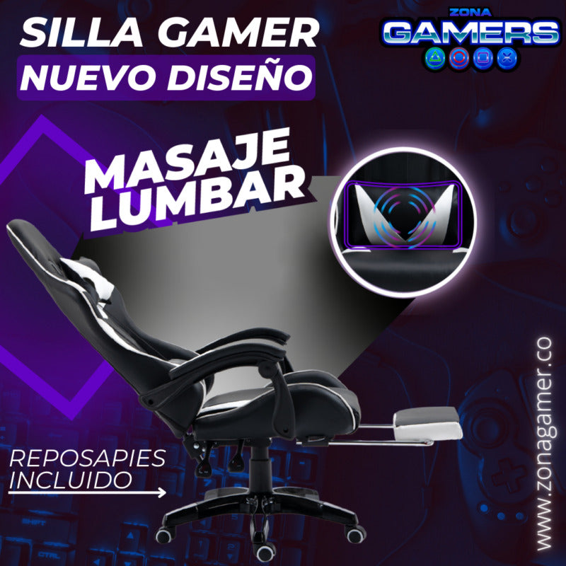 Silla Gamer AQ-1039F White con Masajeador Lumbar y Reposapies incluido