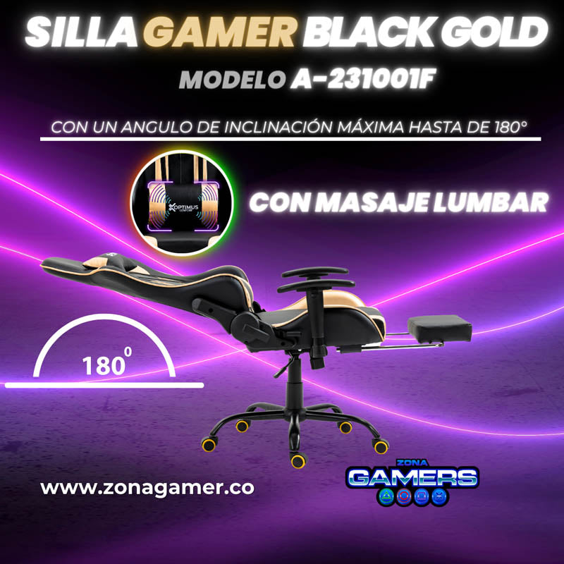 Silla Gamer A231001F Black Gold con masajeador lumbar y reposapies incluido
