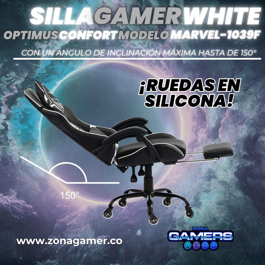 Silla Gamer Marvel-1039F Black con reposapiés y ruedas en silicona.