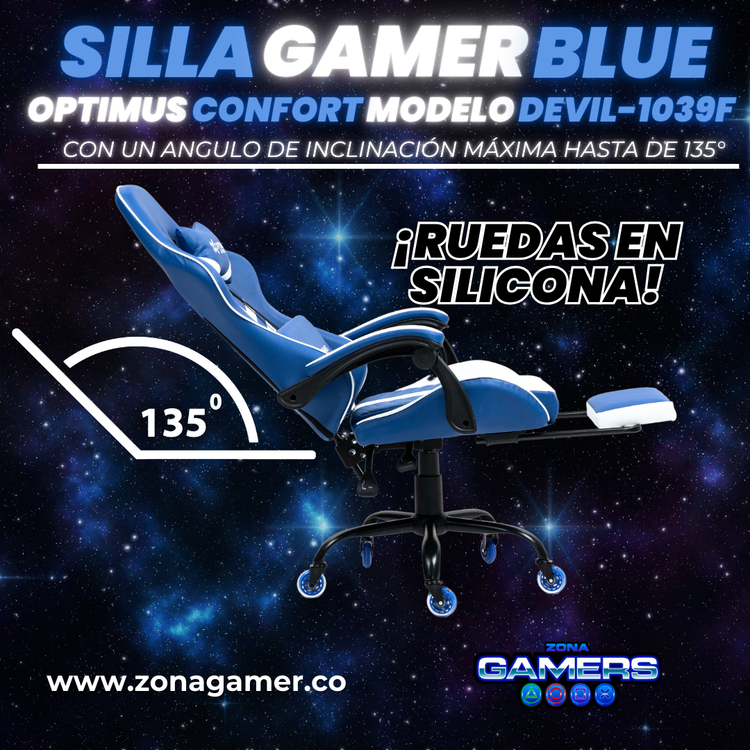 Silla Gamer Devil-1039F Blue con reposapiés y ruedas en silicona
