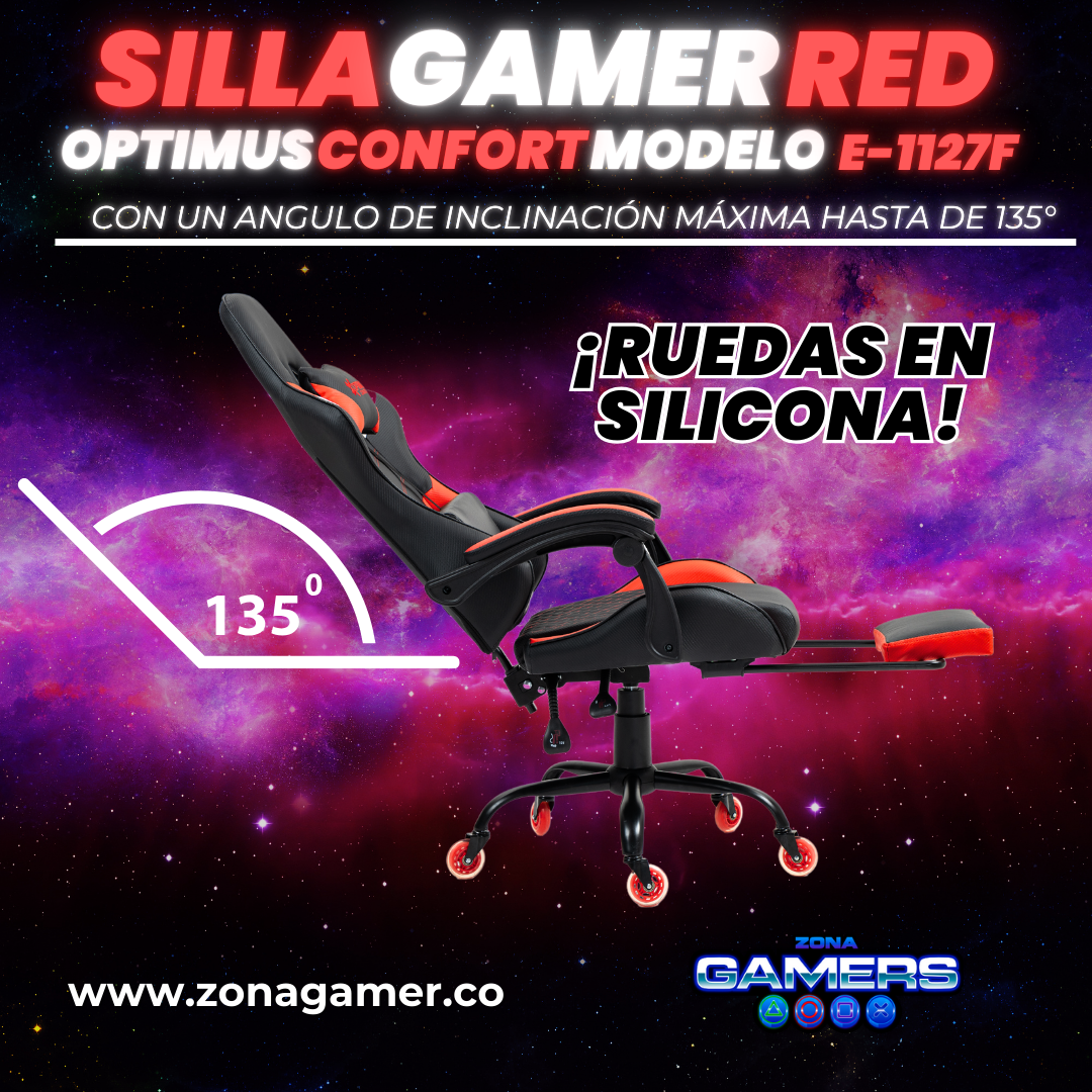 Silla Gamer E-1127F Red con reposapiés y ruedas en silicona