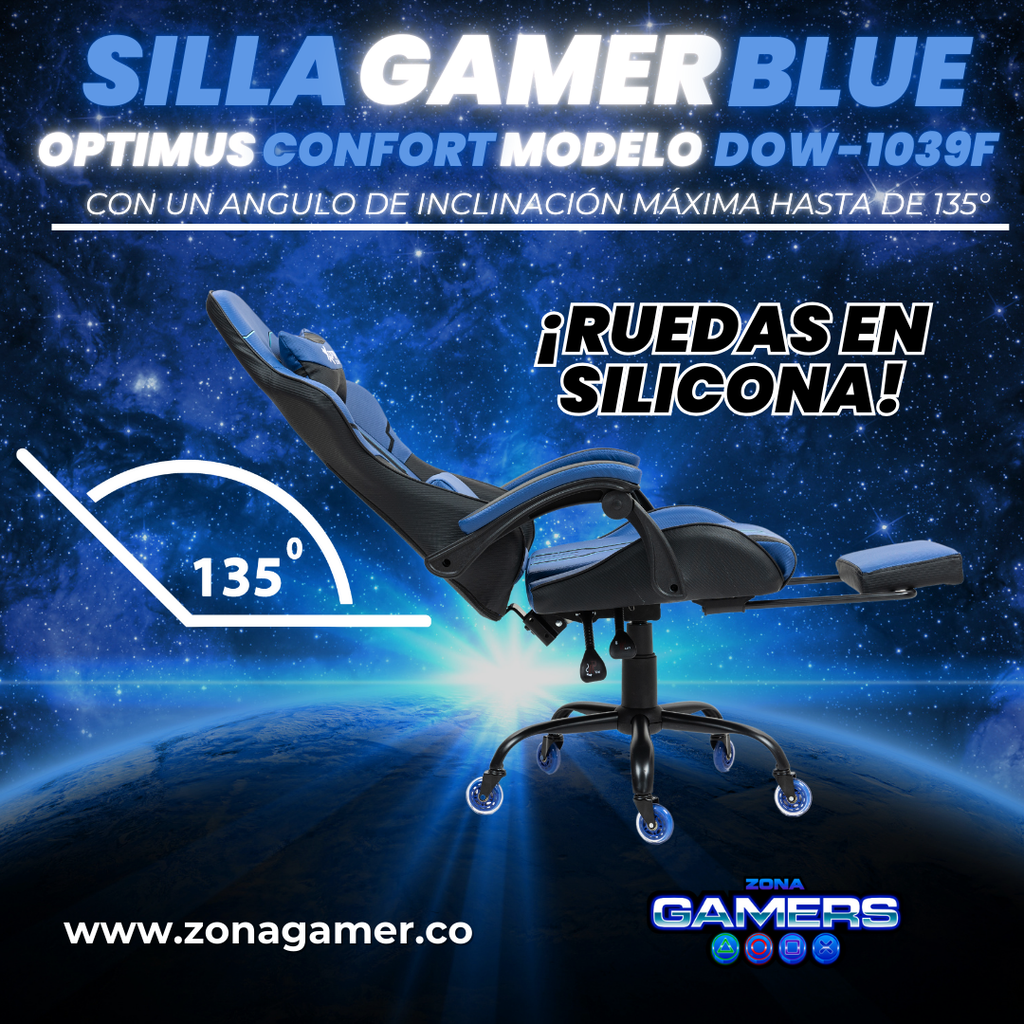 Silla Gamer DOW-1039F Blue con reposapiés y ruedas en silicona