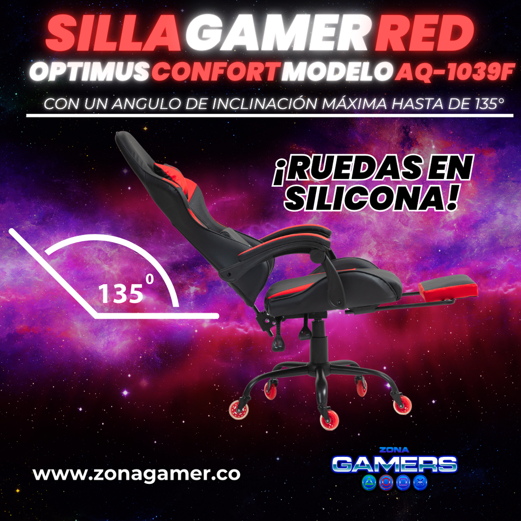 Silla Gamer AQ-1039F Red con reposapiés y ruedas en silicona