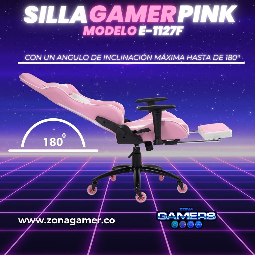 Silla gamer E-1127F Pink + reposapiés y ruedas en silicona