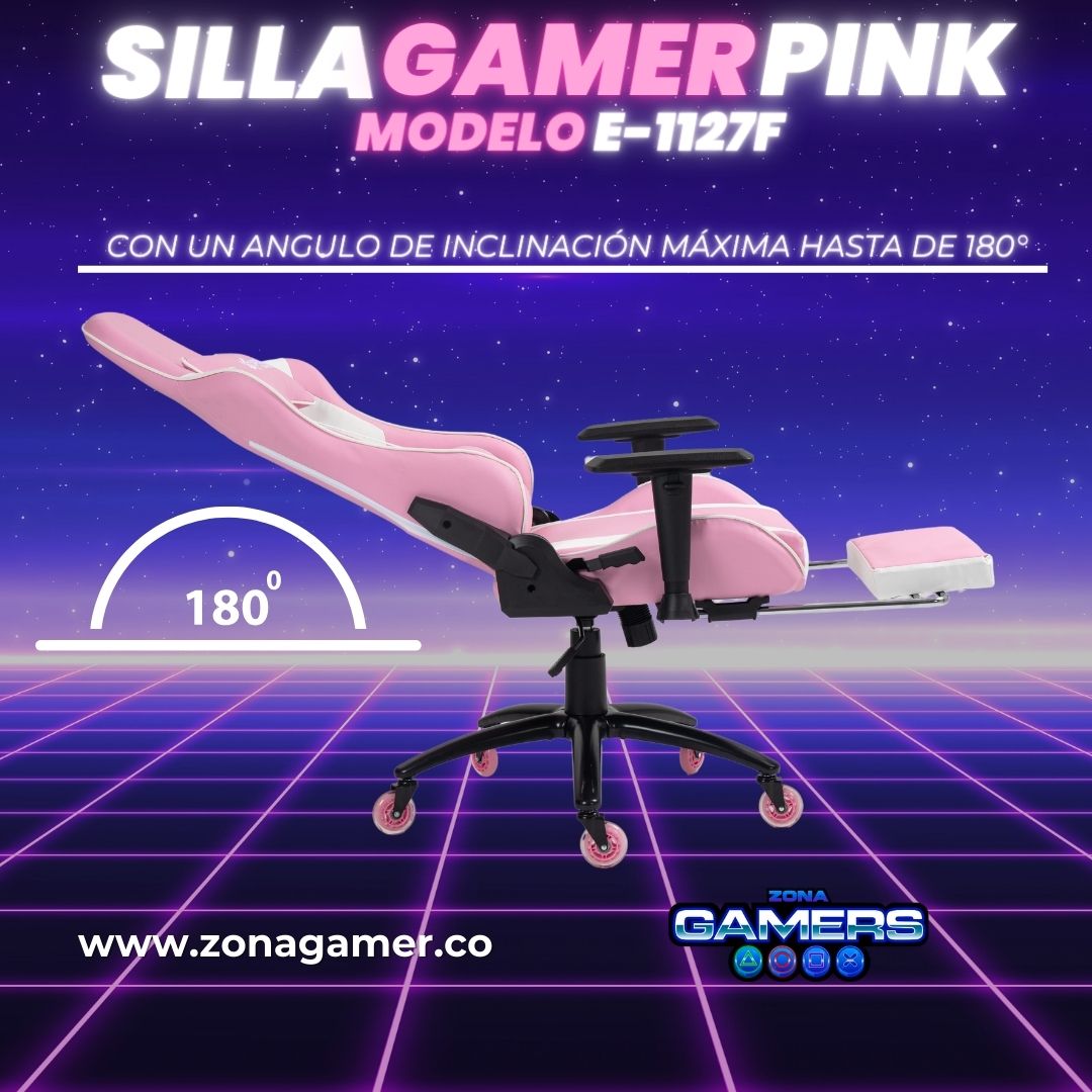 Silla gamer E-1127F Pink + reposapiés y ruedas en silicona