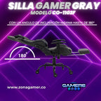 Silla Gamer CO-1102F Gray, tapizada en tela con reposapiés y ruedas en silicona