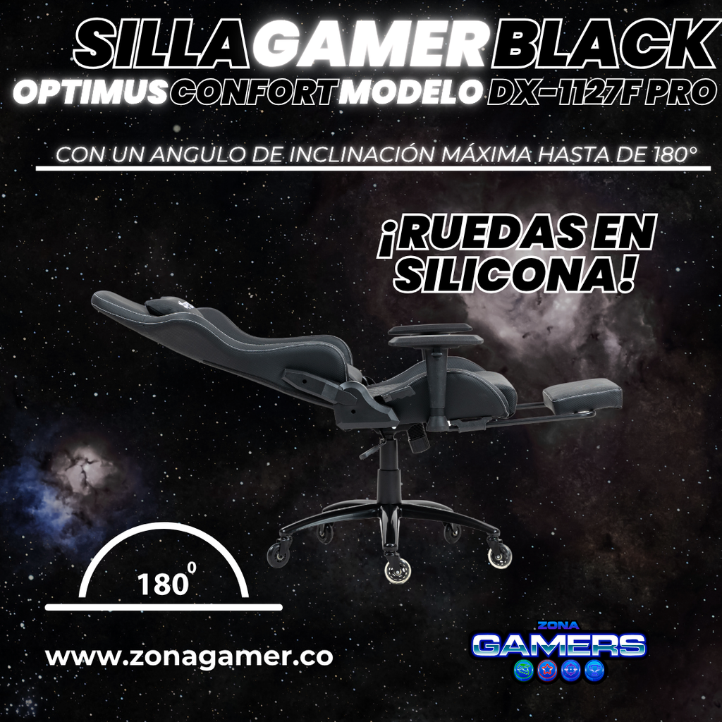 Silla Gamer DX-1127F PRO Black con reposapiés y ruedas en silicona