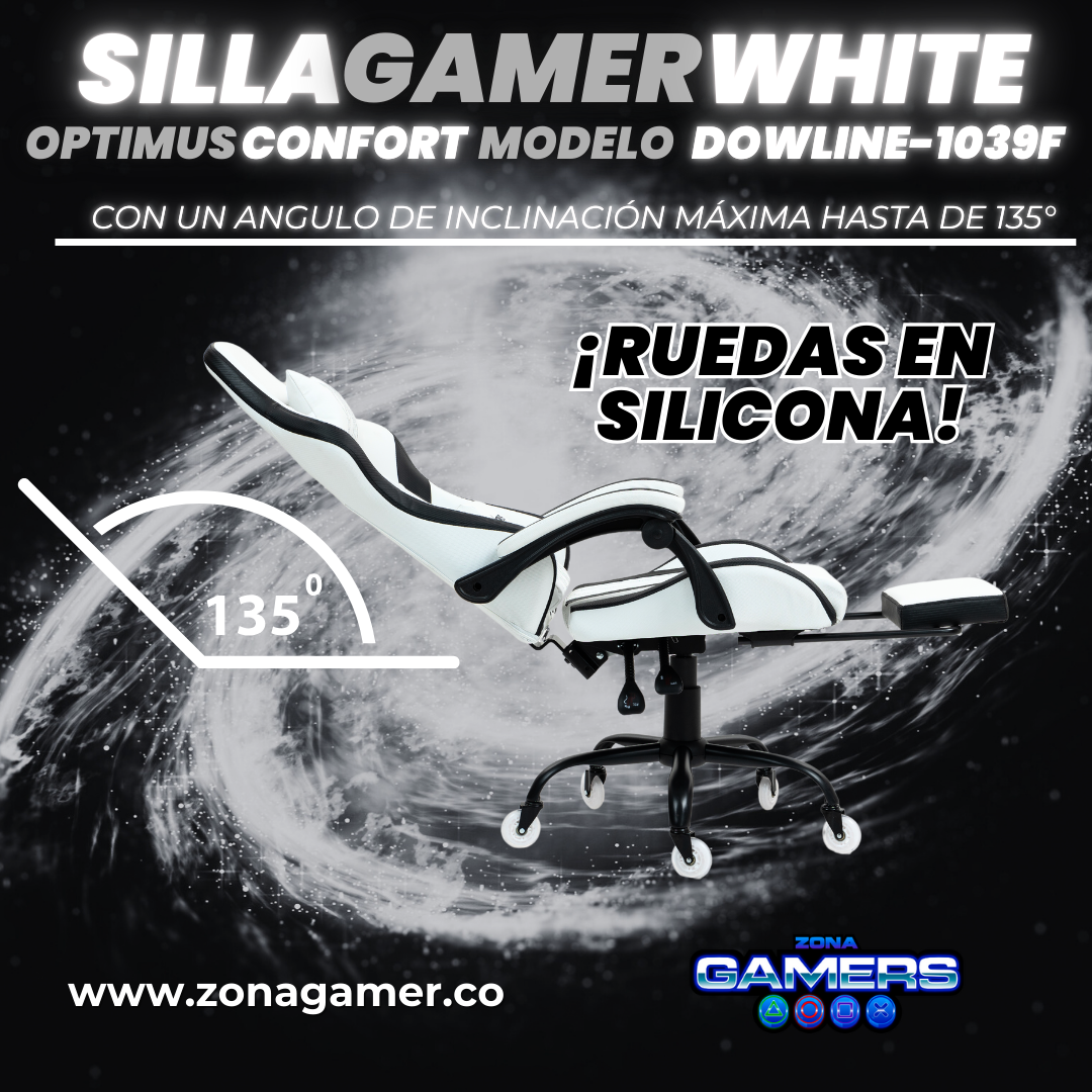 Silla Gamer DOWLINE-1039F White con reposapiés y ruedas en silicona