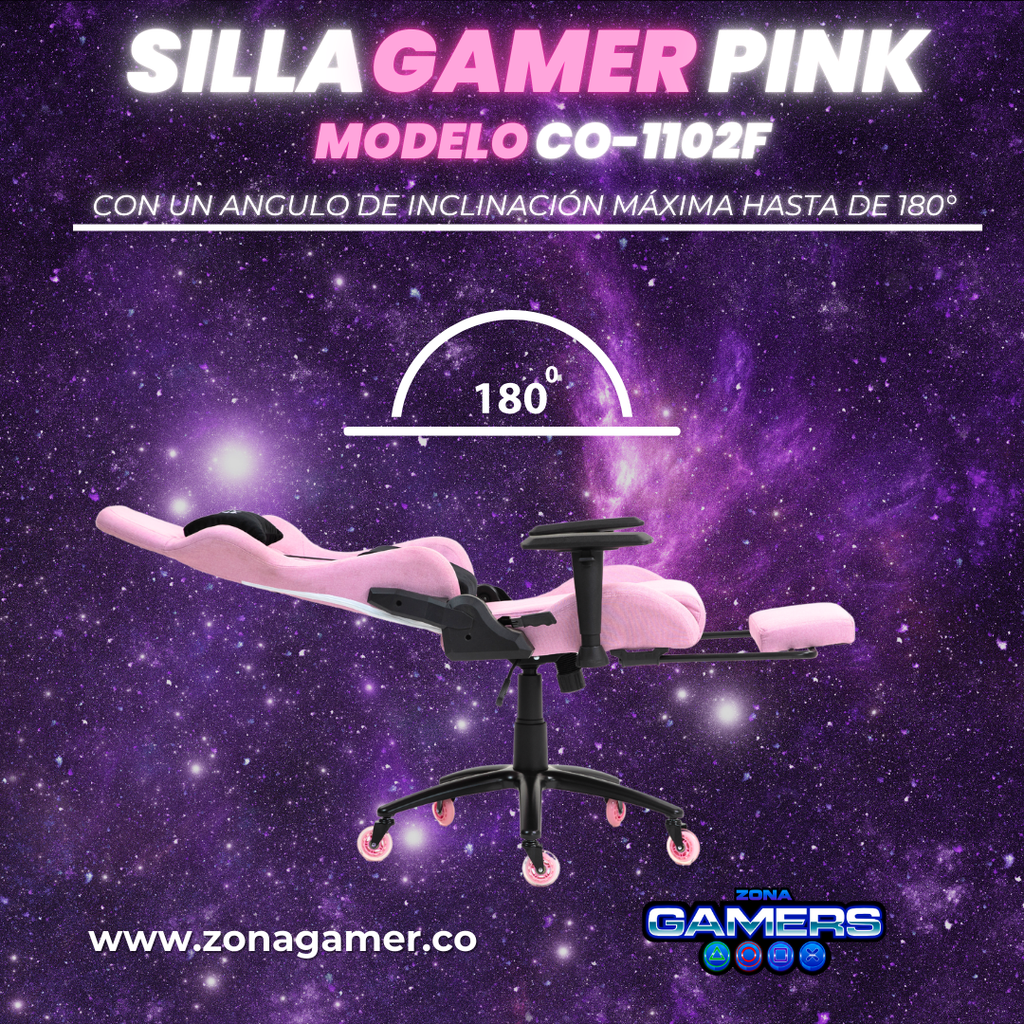 Silla Gamer CO-1102F Pink, tapizada en tela con reposapiés y ruedas en silicona