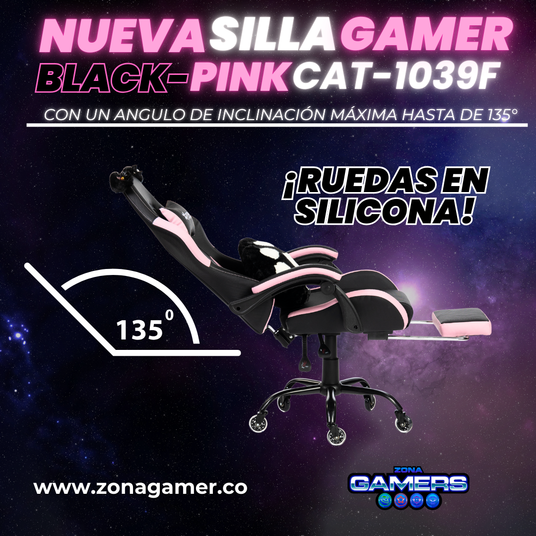 Silla Gamer Cat-1039F Black-Pink con reposapiés y ruedas en silicona