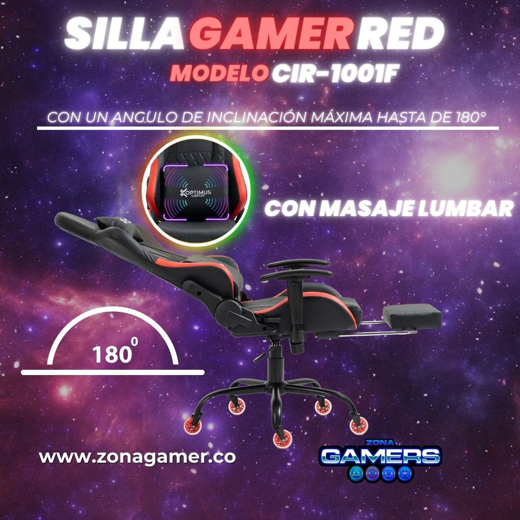 Silla Gamer CIR-1001F Red + masajeador lumbar con reposapiés y ruedas en silicona