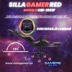 Silla Gamer CIR-1001F Red + masajeador lumbar con reposapiés y ruedas en silicona