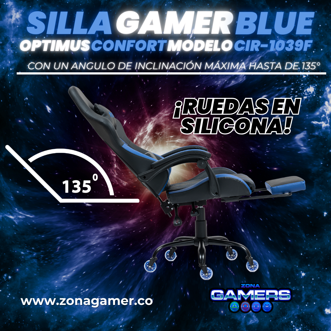 Silla Gamer CIR-1039F Blue con reposapiés y ruedas en silicona